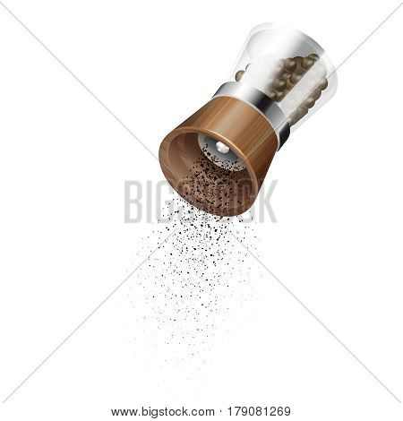 Realistic pepper mill composition in the preparation of meals with pepper on white background vector illustration