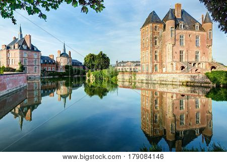 Picturesque castle on the lake in the Loire Valley in France