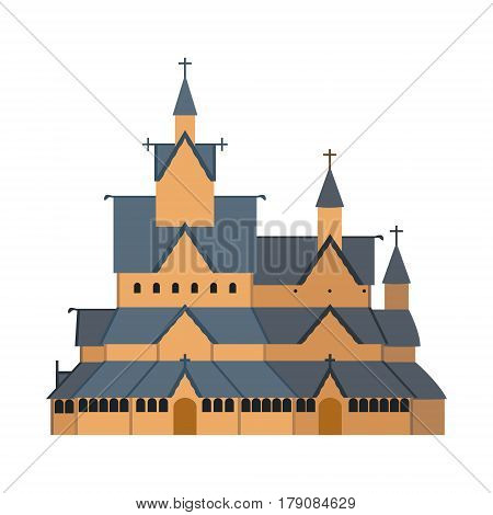 Stavkirke of Heddal Norway. Isolated on white background vector illustration.