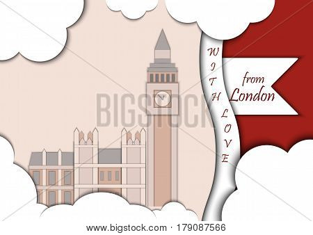 Paper applique style illustration. Card with application of Big Ben Tower and Westminster Palace. London. decorated with text from london with love. Postcard