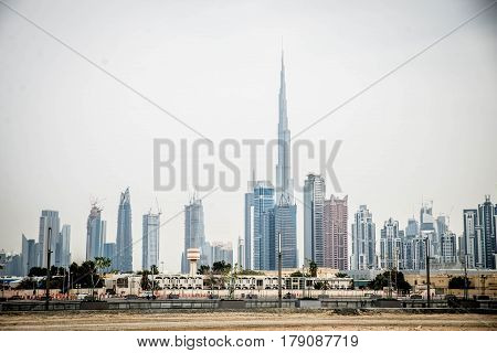 DUBAI UNITED ARAB EMIRATES - FEBRUARY 16 2017: Burj Khalifa tower. This skyscraper is the tallest man-made structure in the world measuring 828 m. Completed in 2009.