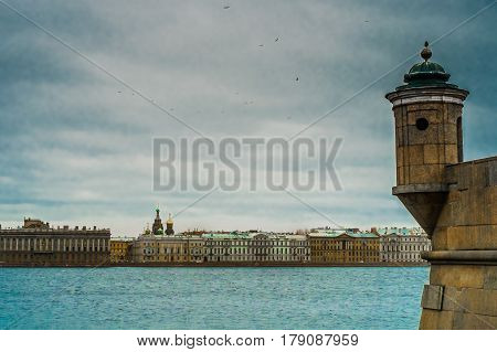 Right bank of Neva river and Church of the Savior on Blood view from Peter and Paul Fortress,  the original citadel of St. Petersburg, Russia, founded by Peter the Great in 1703