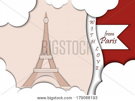 Paper applique style illustration. Card with application of Eiffel Tower, Paris, France decorated with text from Paris with love. Postcard