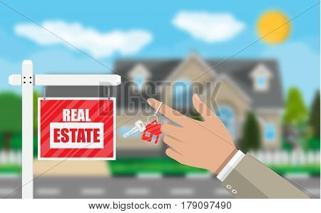 Real estate placard sign. Hand of agent with keys. Blurred background with private suburban house, trees, sun, road, sky and clouds. Real estate, sale and rent house. Vector illustration in flat style