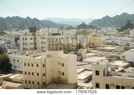 Panoramic view from above of Muscat's old town Muttrah Oman