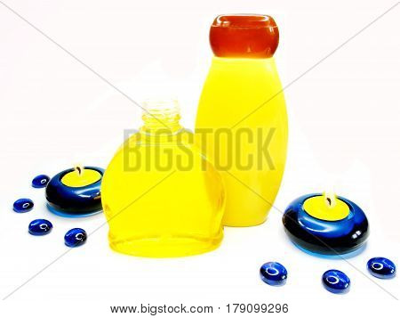 bottles of shampoo and shower gel cosmetic