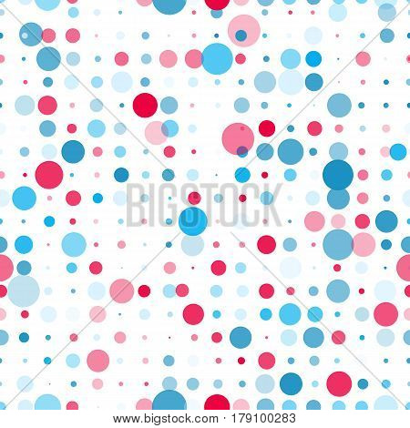 Vector seamless pattern with different size polka dots in blue and red colors on white background. Backdrop for scrapbooking, textile, cards. Fun repeating texture.