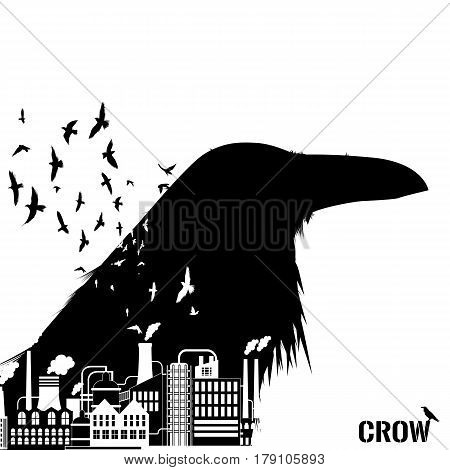 Isolated raven head silhouettes with double exposure effect. Factory industry as background.