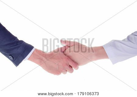 Two hands about to shake hands, over white background