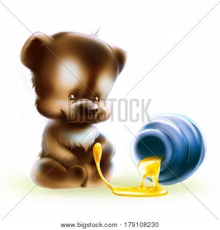 Teddy bear with honey on a white background