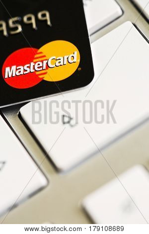 Benon, France - Feb 08, 2017: Mastercard Credit Card On Keyboard, Close Up Photo