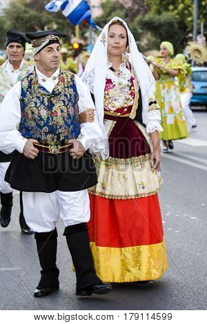 QUARTU S.E. , ITALY - July 15, 2016: 30 Sciampitta - international folklore festival - parade of traditional costumes - Sardinia