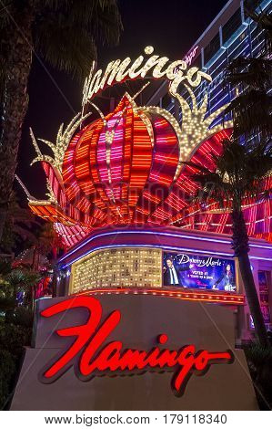LAS VEGAS - NOV 24 : The Flamingo hotel and casino on November 24 2016 in Las Vegas. The hotel opened by Bugsy Segal on 1946 and it's the oldest resort on the Strip still in operation