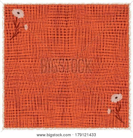 Woven serviette with floral applique and frame in orangebrown colors isolated on white