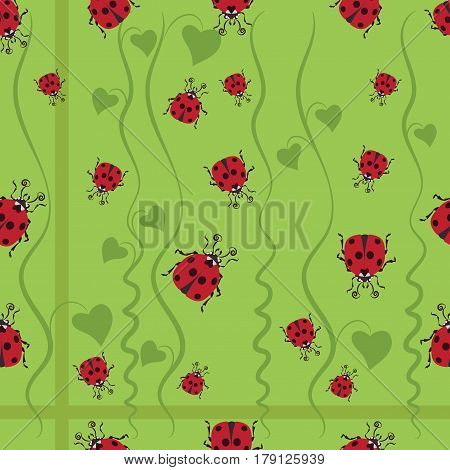 Ladybug among the greenery. Stylized images of ladybugs and convolvulus, the character of children's cartoons. Design for textiles, tapestries, packaging, environmental background of the poster.