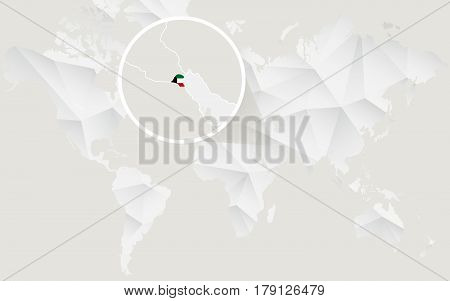 Kuwait Map With Flag In Contour On White Polygonal World Map.