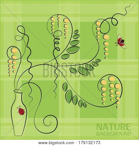 Vase and branches with catkins. Ladybug. Stylized images of ladybugs and twigs of willow with catkins. Design for textiles, tapestries, ceramics, environmental background of the poster.