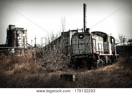 Train locomotive on the ruins of an unfinished nuclear power plant Ukraine Odessa region.