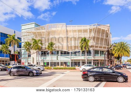 MIAMI FLORIDA - JANUARY 02 2017: View along Ocean Drive along South Beach Miami in the historic Art Deco District with hotels restaurant and bar