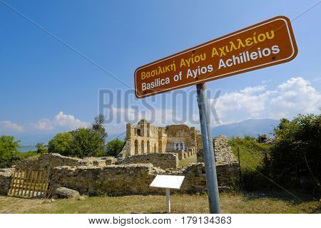 information sign at Saint Achilleios old Byzantine church ruins at lake Prespa in Greece