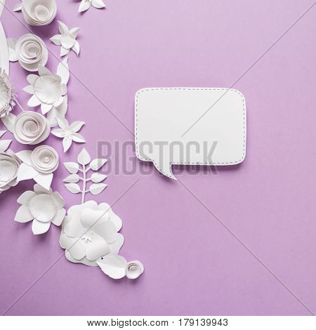 Frame With White Paper Flowers On Violet Background. Cut From Paper.