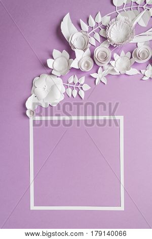 Square Frame With White Paper Flowers On Violet Background. Cut From Paper.