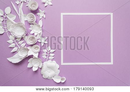 Square Frame With White Paper Flowers On Violet Background. Cut From Paper.