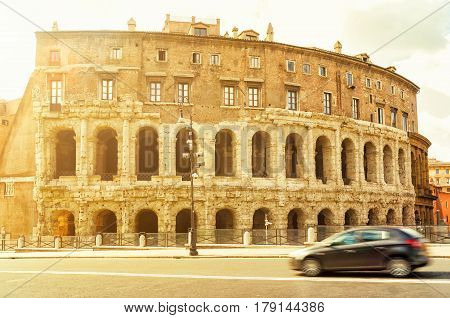 The ancient building in a street in central Rome on a sunny day, Italy