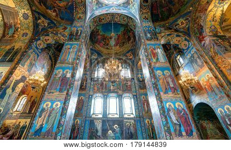 ST PETERSBURG, RUSSIA - JUNE 13, 2014: Interior of Church of the Savior on Spilled Blood (Cathedral of the Resurrection of Christ) in Saint Petersburg. It is an architectural landmark of city and a unique monument to Alexander II the Liberator.