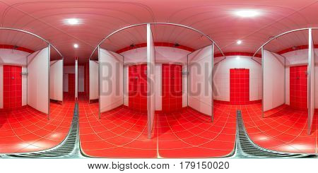 The panorama is inside the public shower inside the male locker room in a sports club of red color.