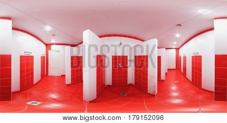 Rectangular sweep of equidistant panorama inside the public shower room for men and women.