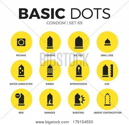 Condom flat icons set with package form, xxl size form and small size form isolated vector illustration on white