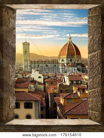 View on Cattedrale di Santa Maria del Fiore in Florence from ancient window, Italy