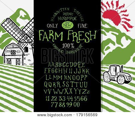 Organic handwritten font FARM FRESH. Hand crafted typeface design. Original handmade  alphabet type on black background. Isolated doodle vector letters and numbers. Ecology template badge.