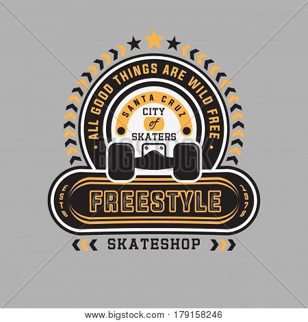 FREESTYLE  SKATE SHOP.  CITY OF SKATERS SANTA CRUZ CALIFORNIA. Design fashion apparel print. T shirt graphic modern vector illustration badge  insignia emblem label logo template.