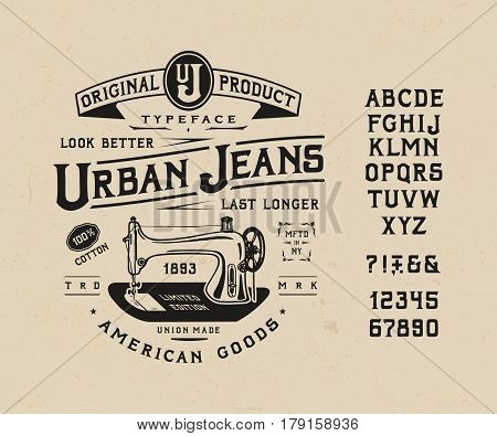 FONT URBAN JEANS. Craft vintage typeface design. Fashion type. Serif alphabet. Pop modern display vector letters. Drawn SEWING MACHINE in graphic style. Set of Latin characters, numbers, punctuation.