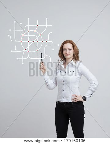 Woman specialist and urban planner working with the interactive subway map.
