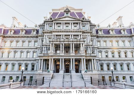 Washington DC, USA - March 4, 2017: Dwight D. Eisenhower Execute Office Building and entrance