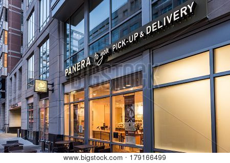 Washington DC, USA - March 4, 2017: Panera Bread restaurant facade with pick-up and delivery sign