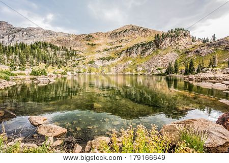 Closeup of Cecret lake with mountains in Albion Basin Utah