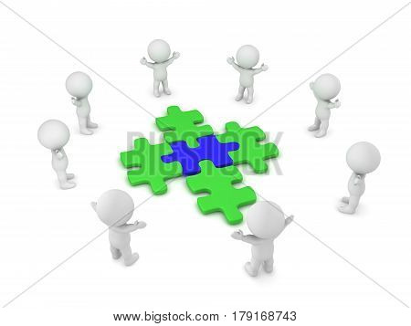 3D Characters are cheerful while standing around four connecting puzzle pieces. This image symbolizes that with teamwork groups of people can come to a solution.