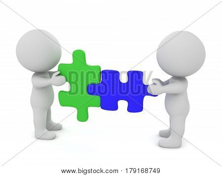 0032 Two 3D character connecting a blue and a green puzzle piece. This image symbolizes cooperation.