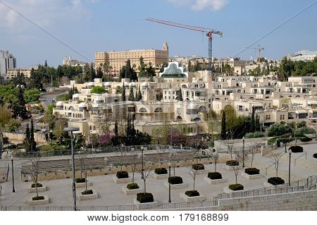 JERUSALEM ISRAEL - MARCH 25 2017: View of the King David Hotel and elite residential complex from the walls of the Old City of Jerusalem