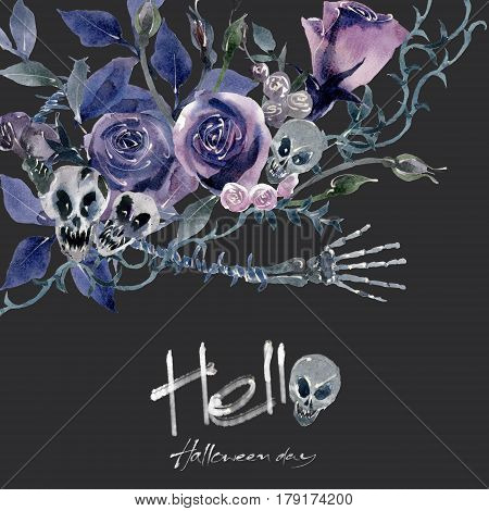 Watercolor painting Bouquet Purple Kook Lap Decorated with pieces of skull bone.