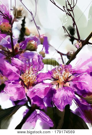digital painting purple flowers watercolor style Lagerstroemia