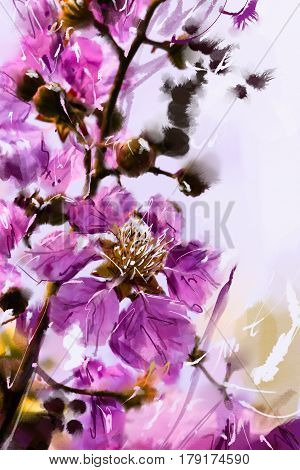 digital painting purple flowers watercolor style Lagerstroemia