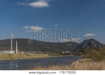 River Labe In Svadov Village In Sunny Spring Day