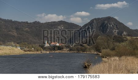 River Labe In Svadov Village In Sunny Spring Day