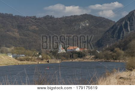 River Labe In Svadov Village In Sunny Spring Day