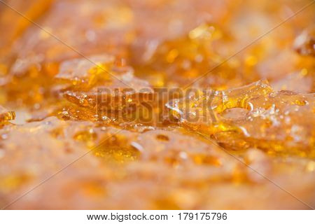 Macro detail of cannabis oil concentrate aka shatter used by medical marijuana patients